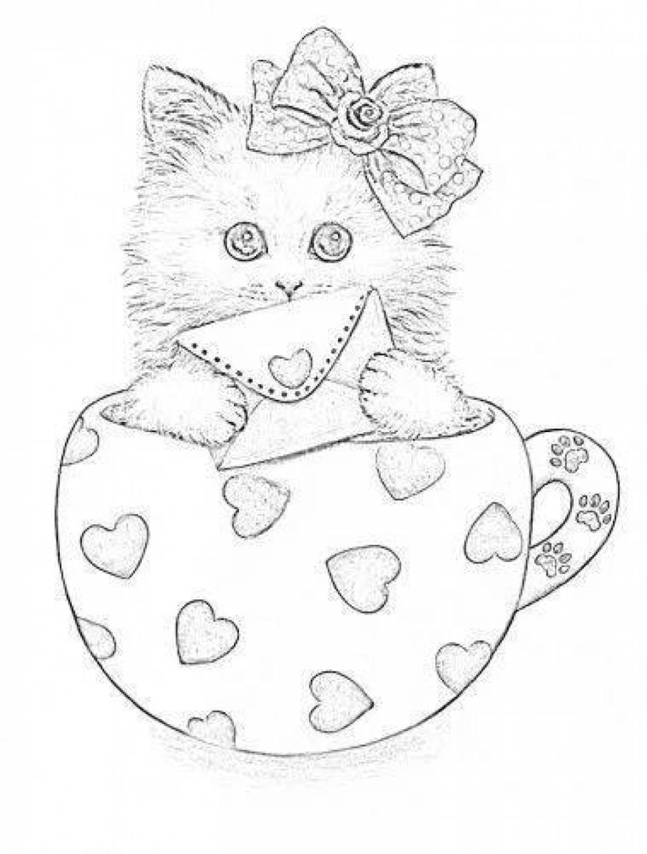Раскраска котик в чашке