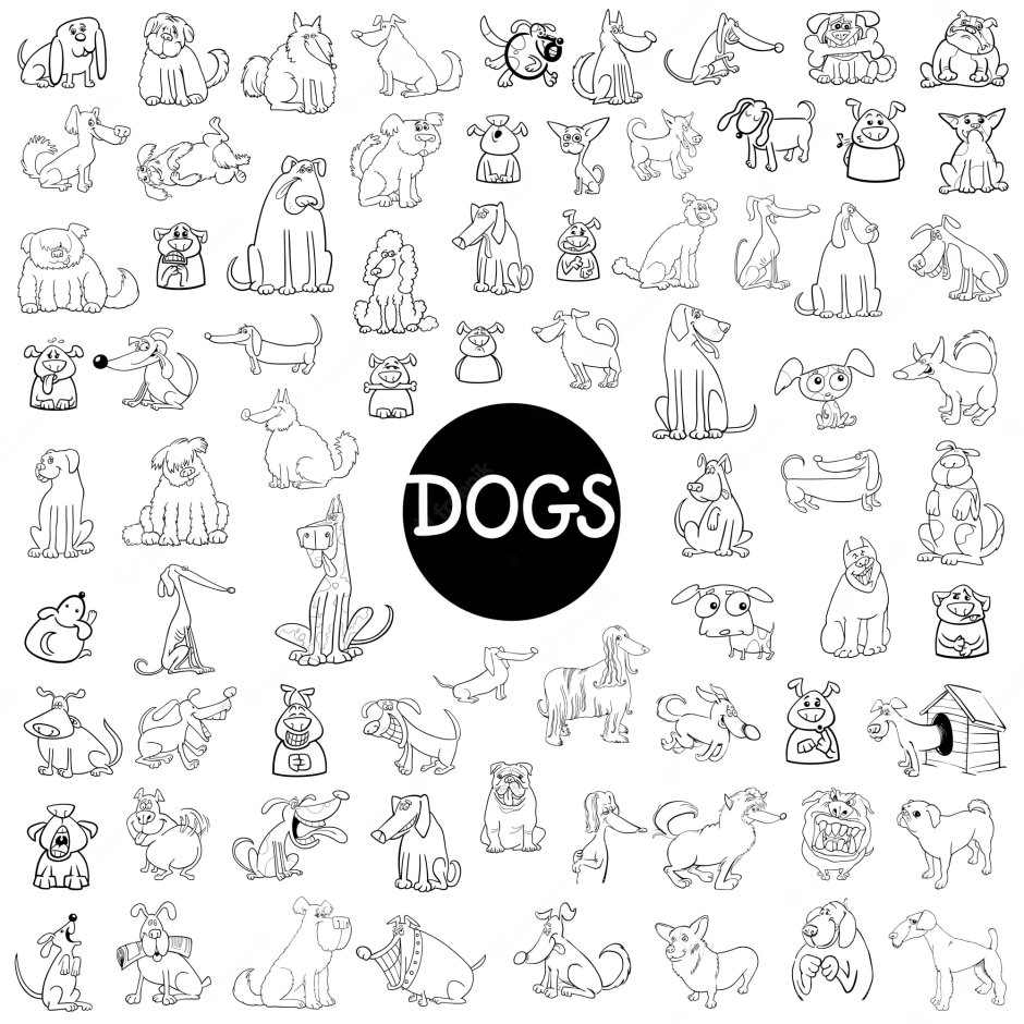 Раскраска много смешных собак