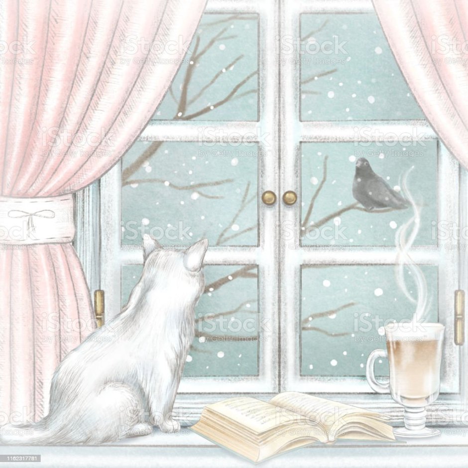Зимняя композиция с котом на подоконнике