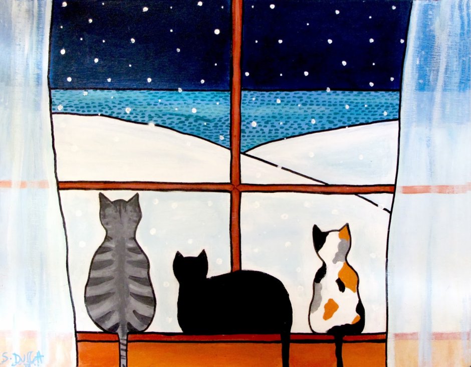Рисование кошка на зимнем окне в старшей группе