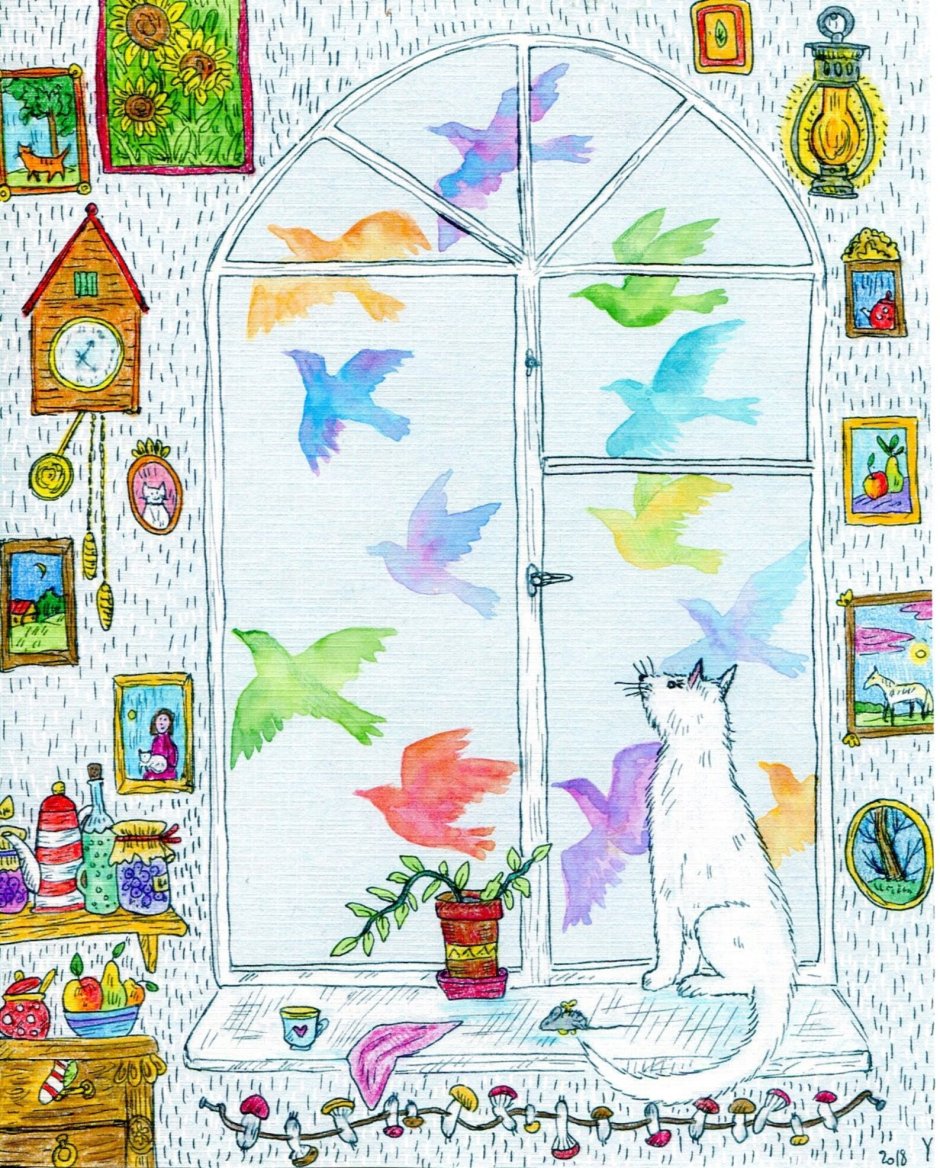Кошка в окне рисунок детский