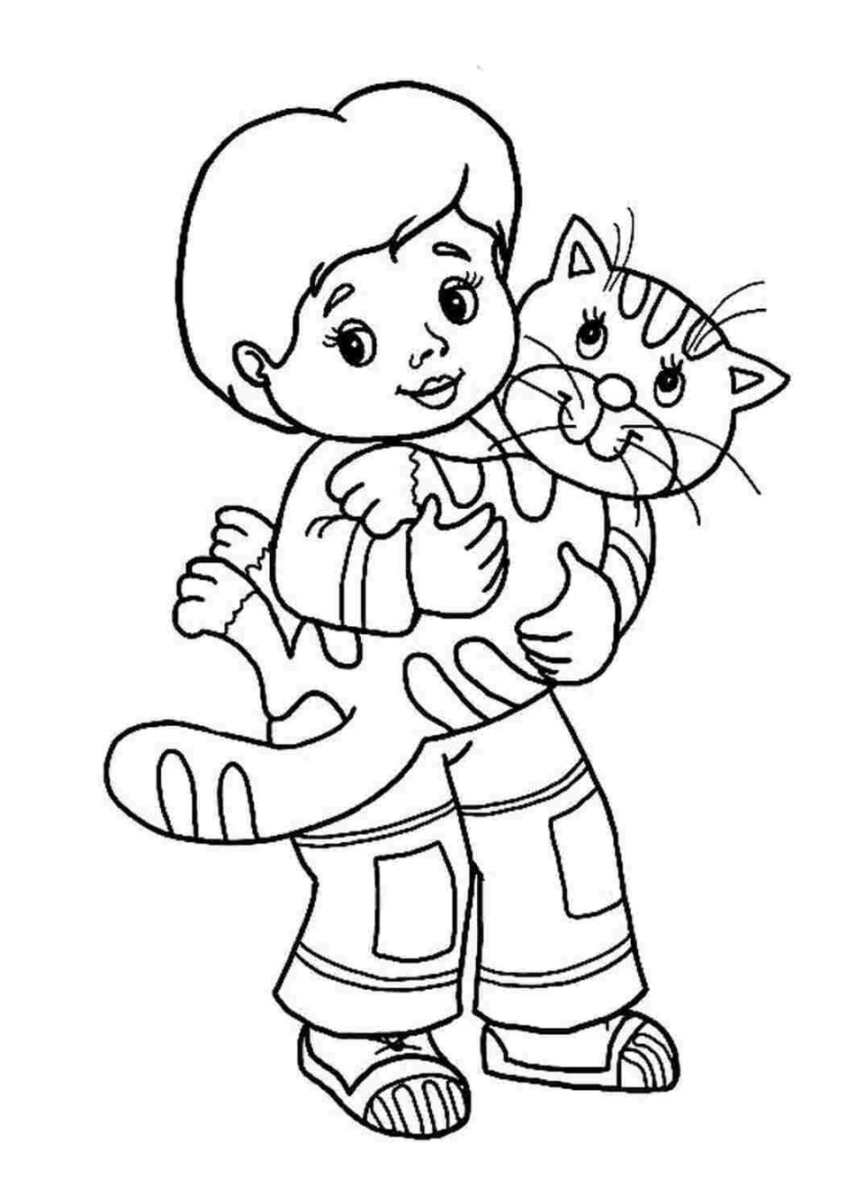 Раскраски для детей дети и кот