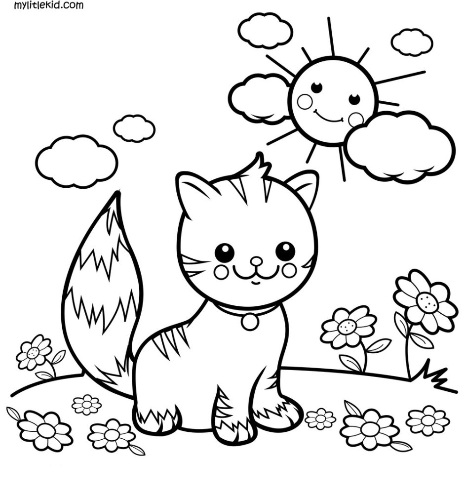 Раскраска котик на лужайке
