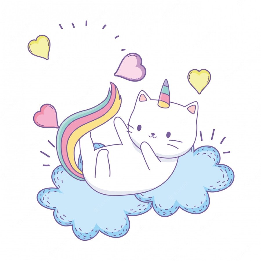 Кошка Единорог на белом фоне