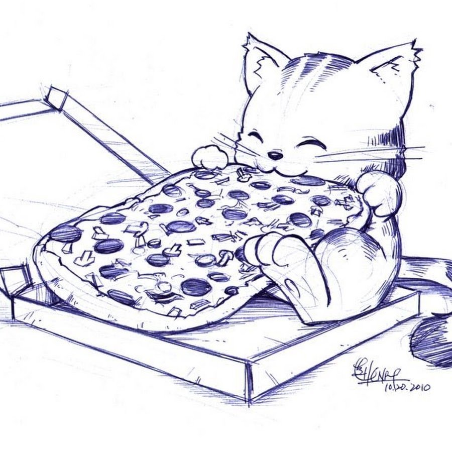 Кот ест пиццу рисунок