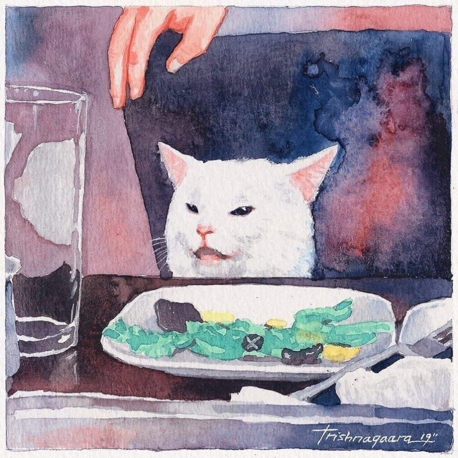 Белый кот за столом