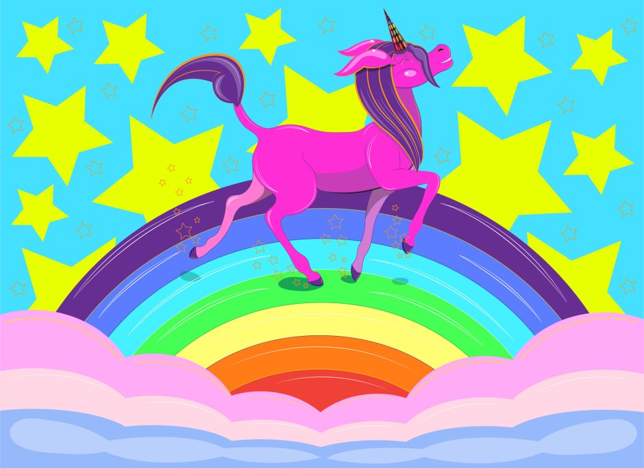 Розовый Единорог на радуге пляшет