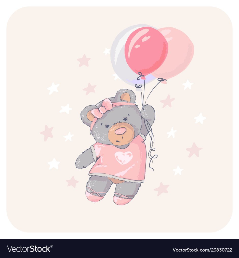 Летящий мишка на шарах на белом фоне