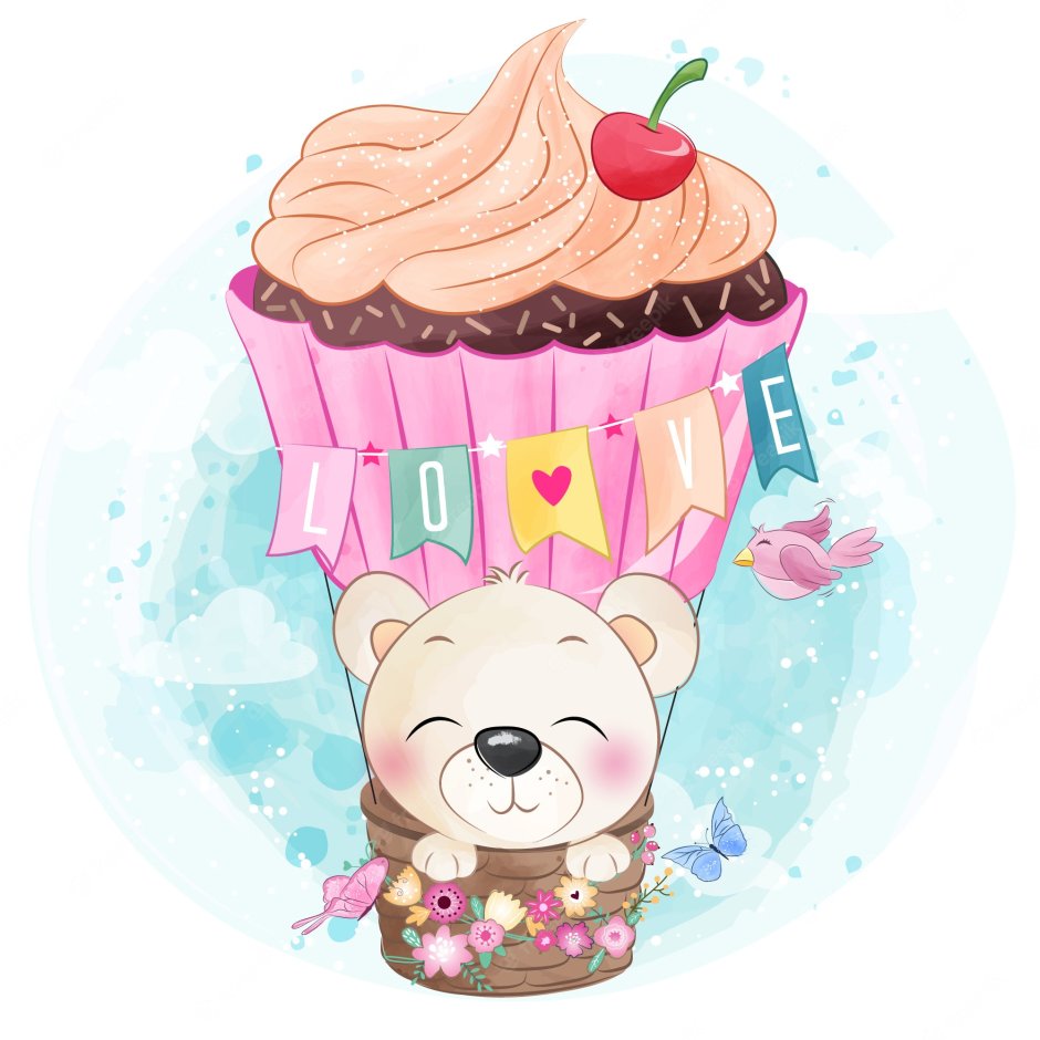 Медвежонок на воздушном шаре акварель