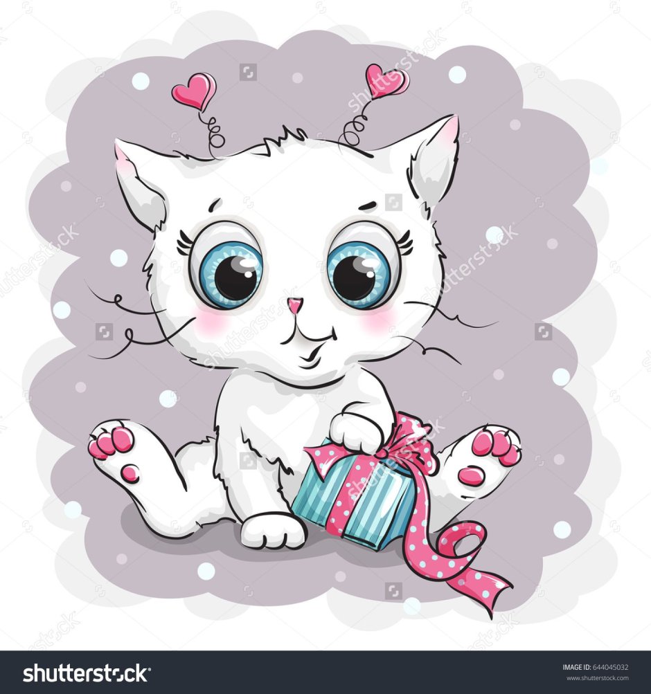 Белый котенок рисунок и подарком